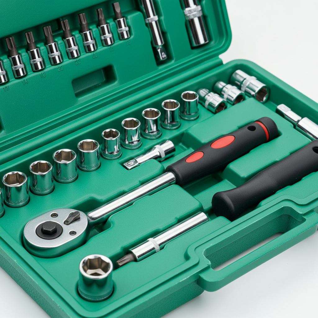 FEATURES IMAGE - QuickGrip Automotive Socket Set with Ratchet & Case