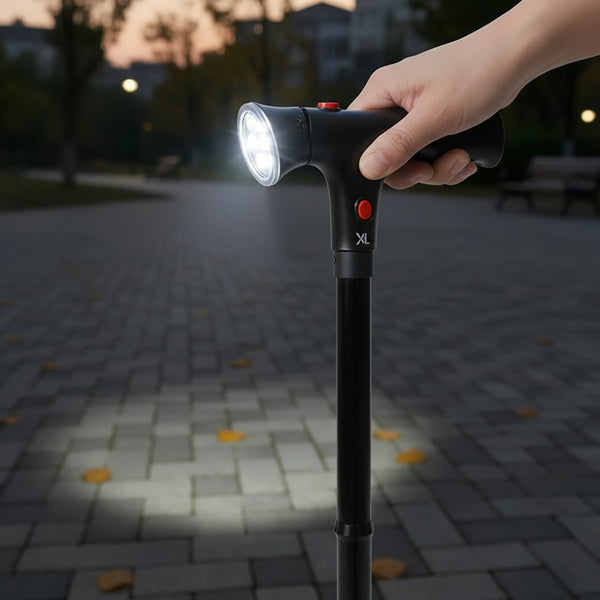 HOW IT WORKS STEP 2 MEDIA - Self‑Standing Quad‑Base Folding Cane with LED