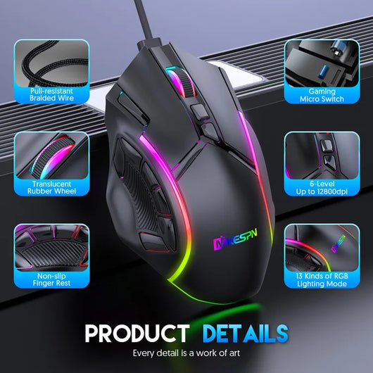 Gaming Mouse with Adjustable Dpi up to 12800 for High-Precision Gaming
